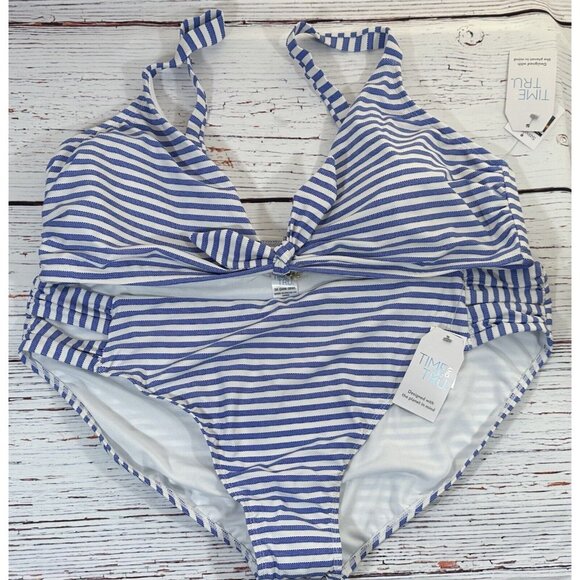 NEW Time and Tru Bikini Womens Plus Size 3X Swim Top & Bottoms Set Blue Stripes - Picture 2 of 16